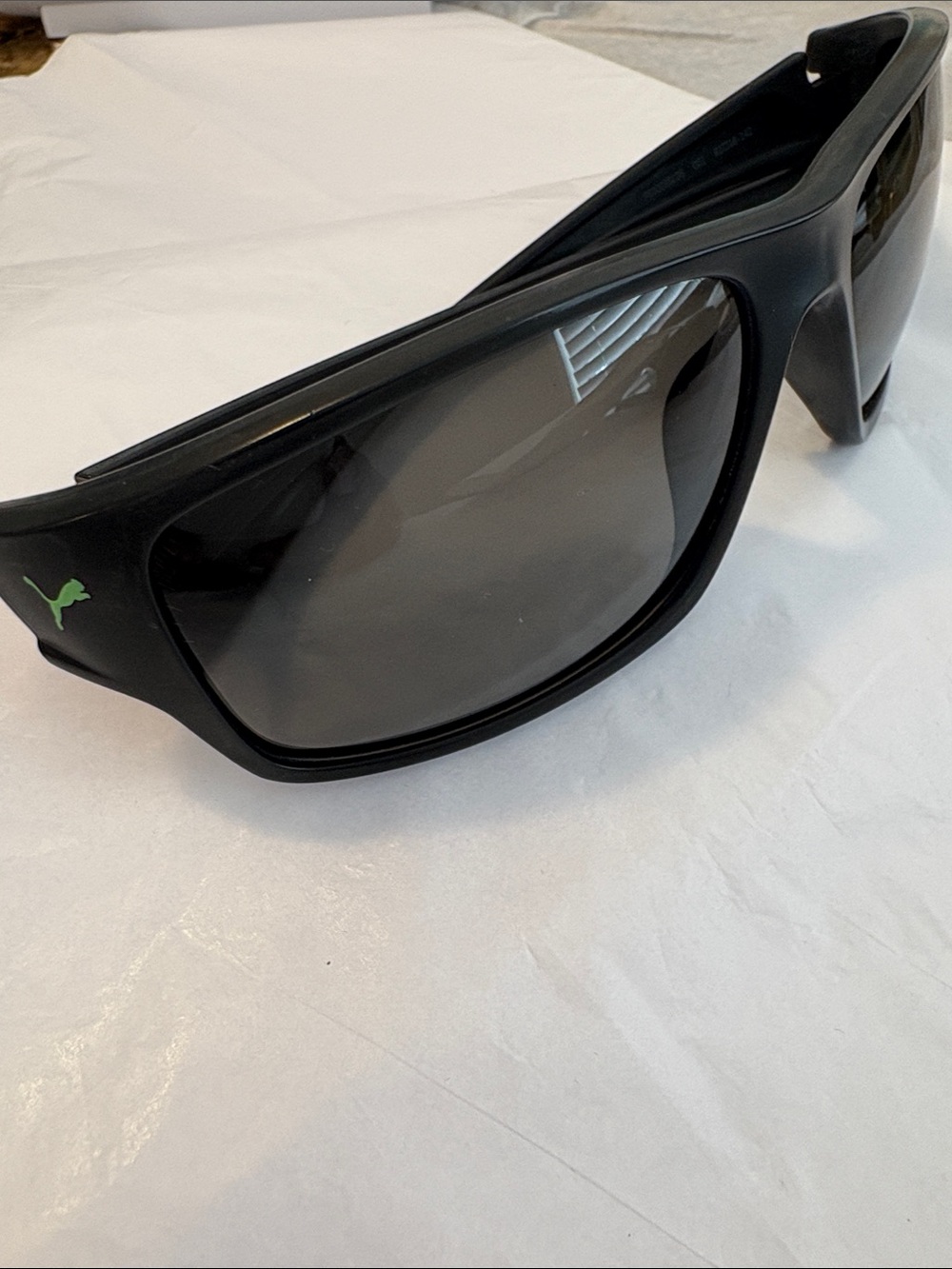 Puma Matte Black Wrap Sunglasses with Green Logo Model PE 0002 SCOS 61 16-140